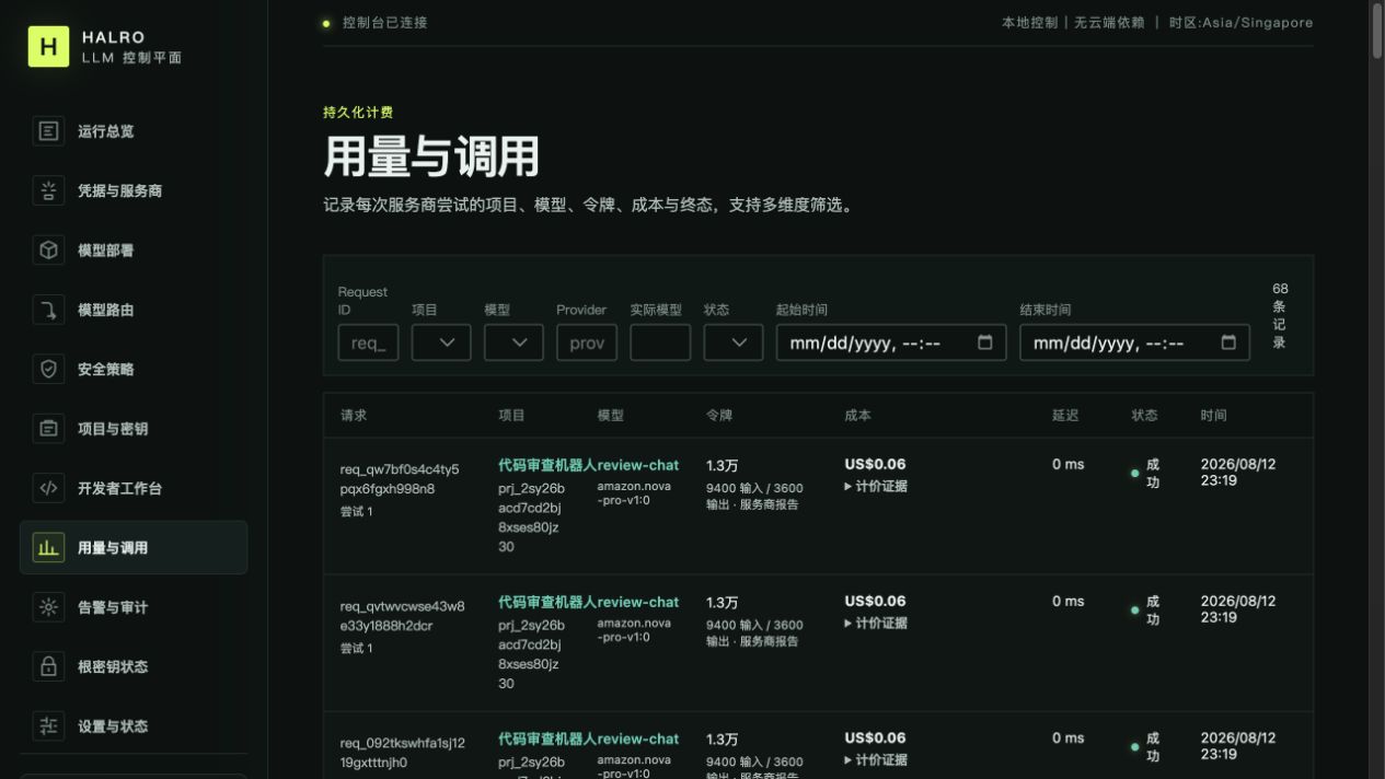 Halro 调用明细与成本证据界面